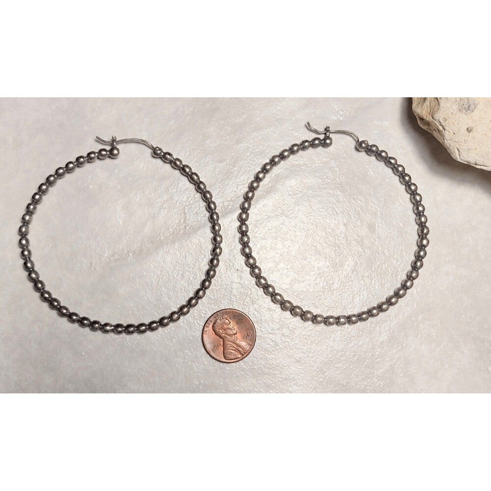 3" Vintage Silver tone Ball Bead Big Hoop Dangle Earrings - Picture 2 of 7